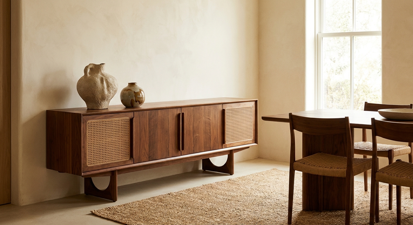 Buffet de madera en un comedor cálido