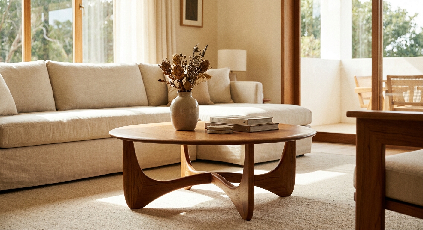 Mesa de centro de madera en un living cálido