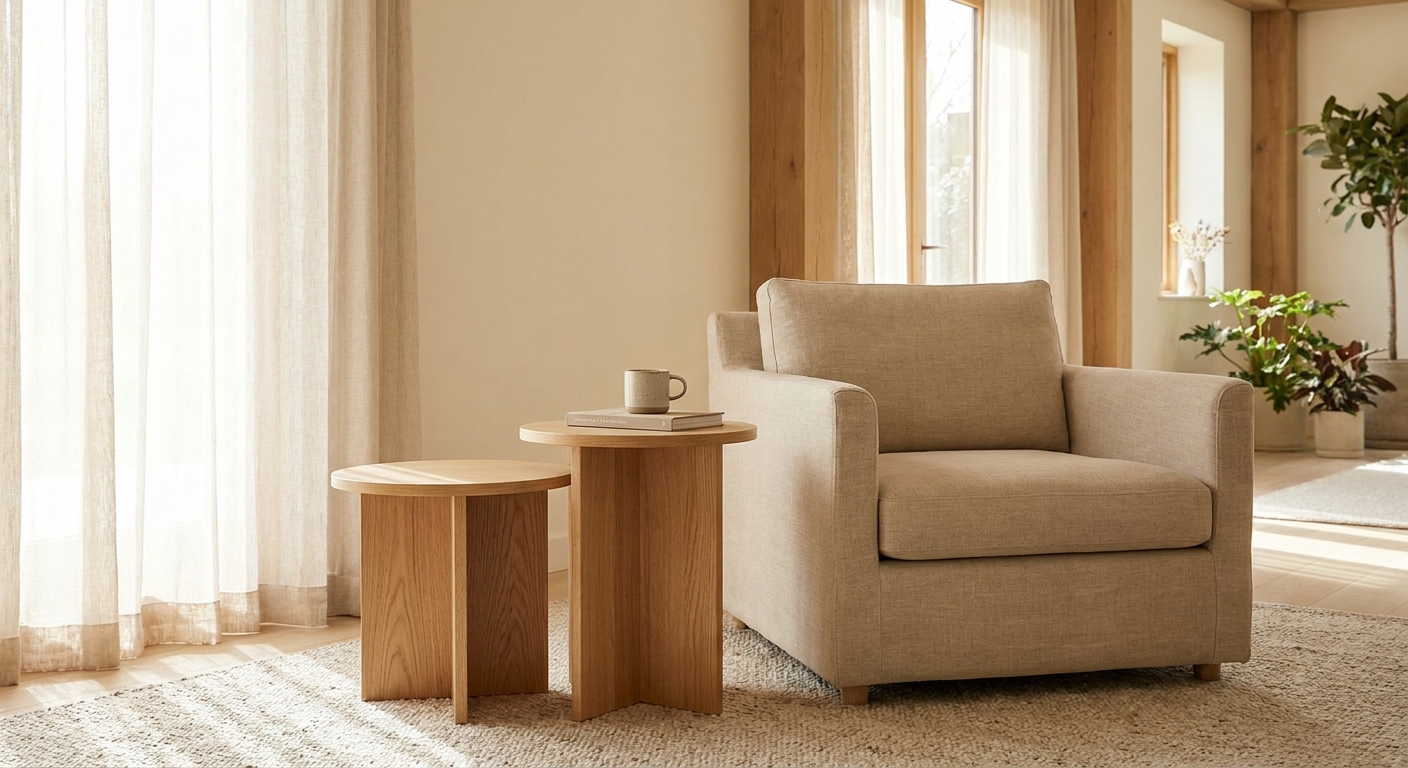 Mesas laterales de madera junto a un sillón